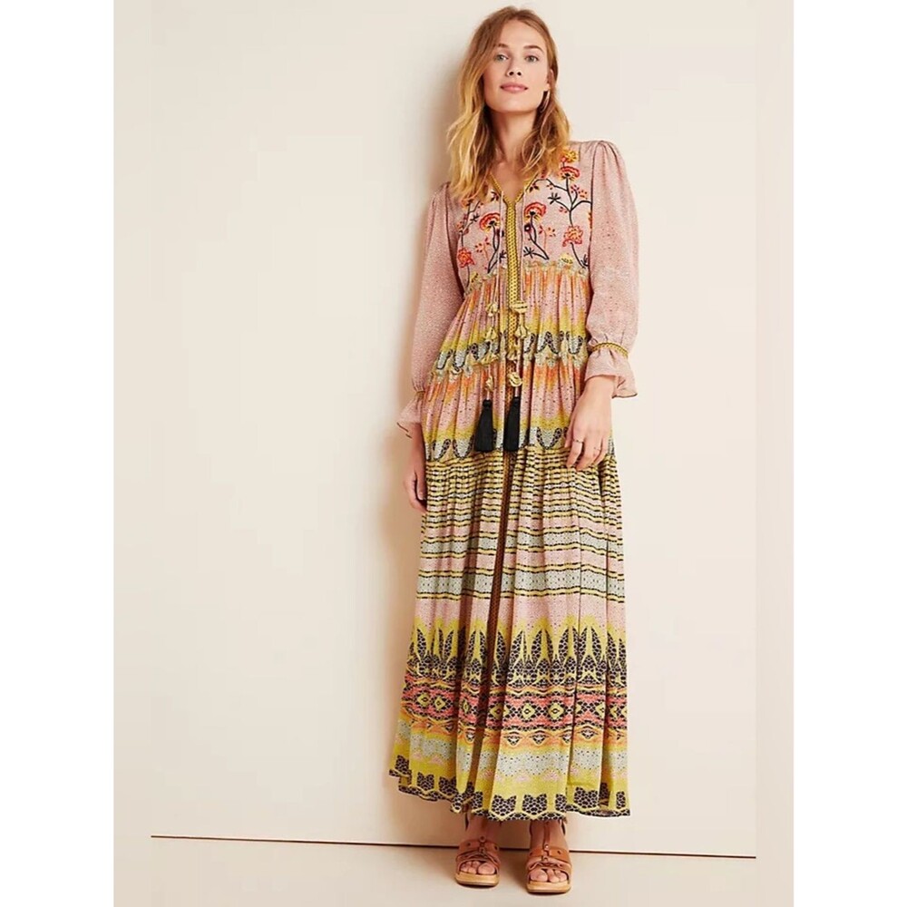 BHANUNI BY JYOTI Giorgia Bohemian Pink Floral Tassel Maxi Dress 2 Summer Vacay